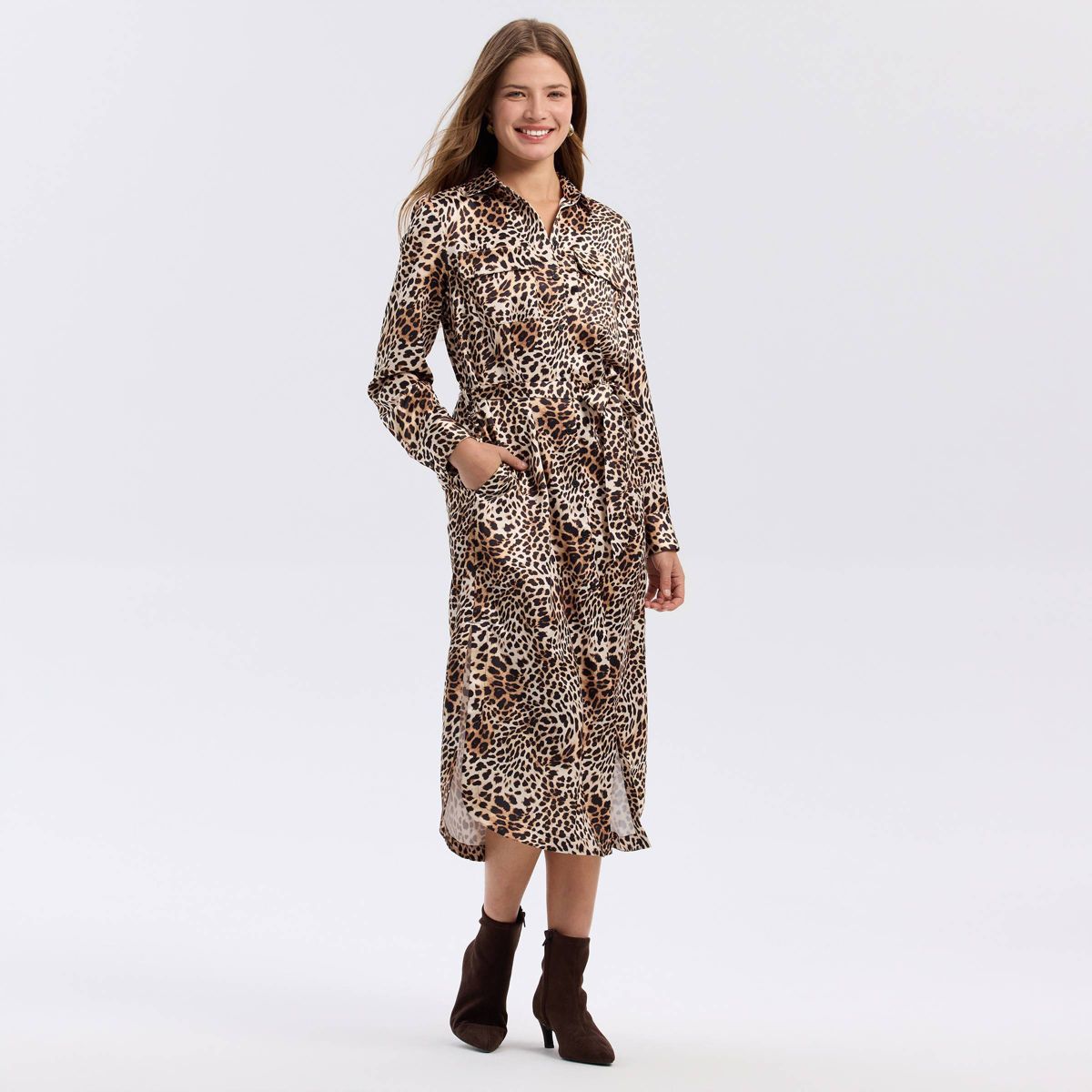 Women's Long Sleeve Belted Satin Midi Shirtdress - A New Day™