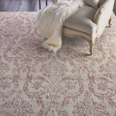 Ivory and Pink Synthetic Damask 7' x 10' Area Rug