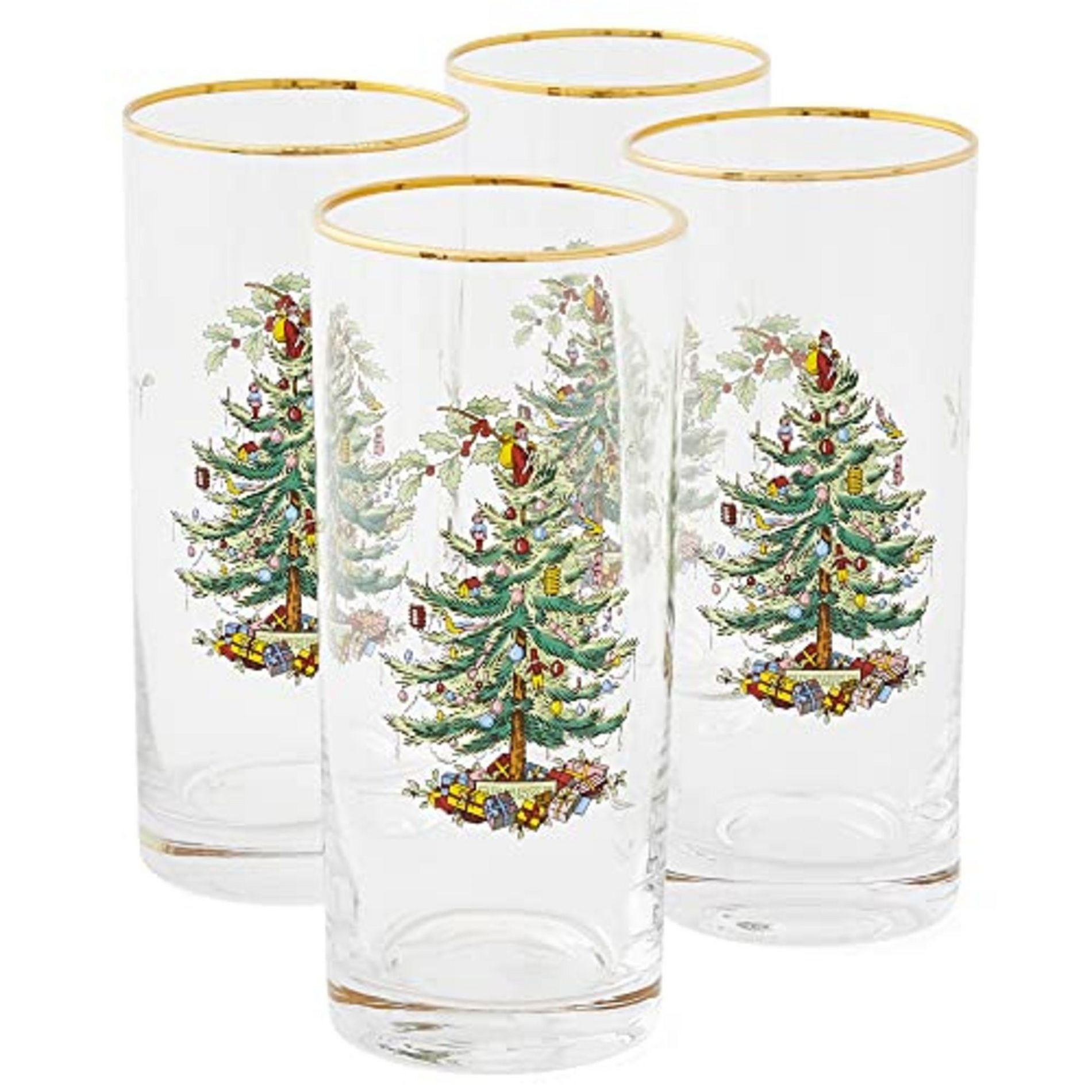Spode Christmas Tree 15oz Highball Glasses, Set of 4 - Gold-Rimmed Elegant Holiday-Themed Glassware, Festive Holiday Drinkware for Christmas Parties