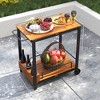 Acacia Wood Outdoor Bar Cart with Wheels, Rolling 2-Tier Coffee & Drink Cart with 3 Bottle Holders - 3 of 4