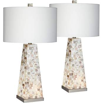 Possini Euro Design Coastal Table Lamps 29" Tall Set of 2 with Nightlight Mother of Pearl Handmade White Drum Shade for Bedroom (Color May Vary)