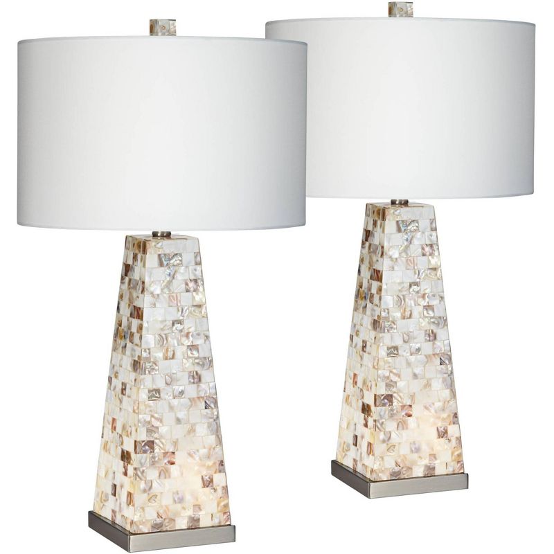 Possini Euro Design Coastal Table Lamps 29" Tall Set of 2 with Nightlight Mother of Pearl Handmade White Drum Shade for Bedroom (Color May Vary), 1 of 10