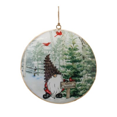 Festive Green and Red Metal Gnome Disc Ornaments Set