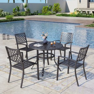 Captiva Designs 5pc Outdoor Steel Slat-top Round Dining Table & Metal Chairs with Stylish Back - 1 of 4