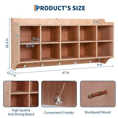 Storage Organizer, Day Care Rack with 10 Cubes Shoe Tiers with Hooks and Shelves, Wall Mount, Kids Play Furniture, Classroom, 47 Inches Wide
