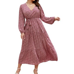 MISSKY Women Plus Size Maxi Long Sleeve V-Neck Wrap Casual Tie Waist Long Dress - 1 of 4