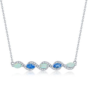 Opalata Sterling Silver, Marquise White Opal & Aquamarine CZ Bar Necklace - Multi - 16+2 Inch - 1 of 2