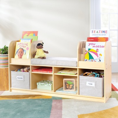Guidecraft EdQ Reading Nook: Wooden Kids' Furniture for Book Storage with Bins and Cushioned Seat, Reading Bench Bookshelf