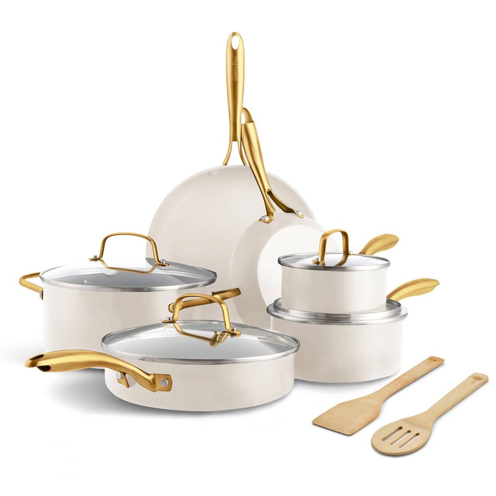 GreenPan Studio 12pc Aluminum Ceramic Nonstick Cookware Set Linen: Lifetime Warranty, Dishwasher-Safe, Non-Induction