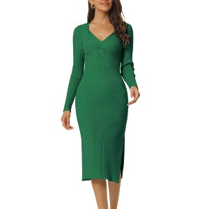 Seta T Women's Fall Winter Long Sleeve V Neck Ribbed Knit Side Slit Twist Front Midi Sweater Dress - 1 of 4
