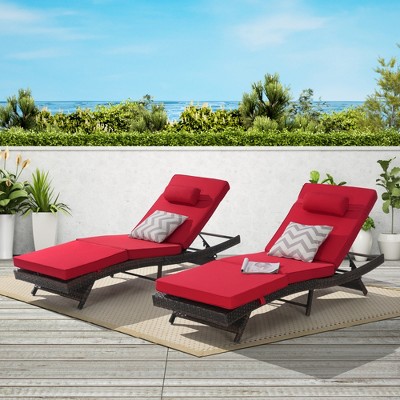 Outdoor Chaise Lounge Chair Set of 2, Wicker Reclining Lounge with Adjustable Backrest & Cushion, Sunbathing Chair for Patio Pool Garden