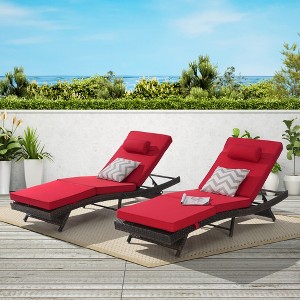 Outdoor Chaise Lounge Chair Set of 2, Wicker Reclining Lounge with Adjustable Backrest & Cushion, Sunbathing Chair for Patio Pool Garden - 1 of 4