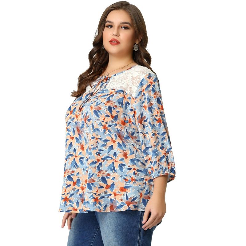 Agnes Orinda Women's Plus Size Floral Printed Lace Panel Self Tie Neck 3/4 Sleeves Summer Tops, 4 of 7