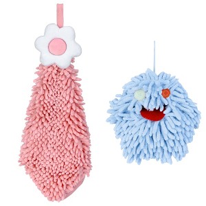 REGALWOVEN 2 Packs Soft Absorbent Flower Pattern Chenille Hand Towel with Loop 6" x 15"/7" x 7" - 1 of 4