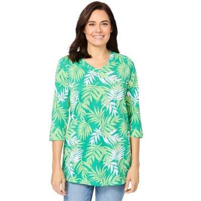 Woman Within Plus Size Perfect Printed Three-Quarter Sleeve V-Neck Tee
