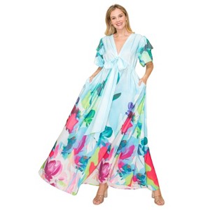 Slickblue Women’s Printed V-Neck Maxi Dress – Self-Tie Waist, Elastic Band, Pockets, Multi-Color Print, Sizes S–1XL - 1 of 4