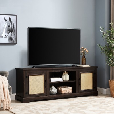 Grungis TV Stand with 2 Storage Shelves for TVs Up to 70 Inch,Console Table with 2 Natural Rattan Door Cabinets for Bedroom,Living Room