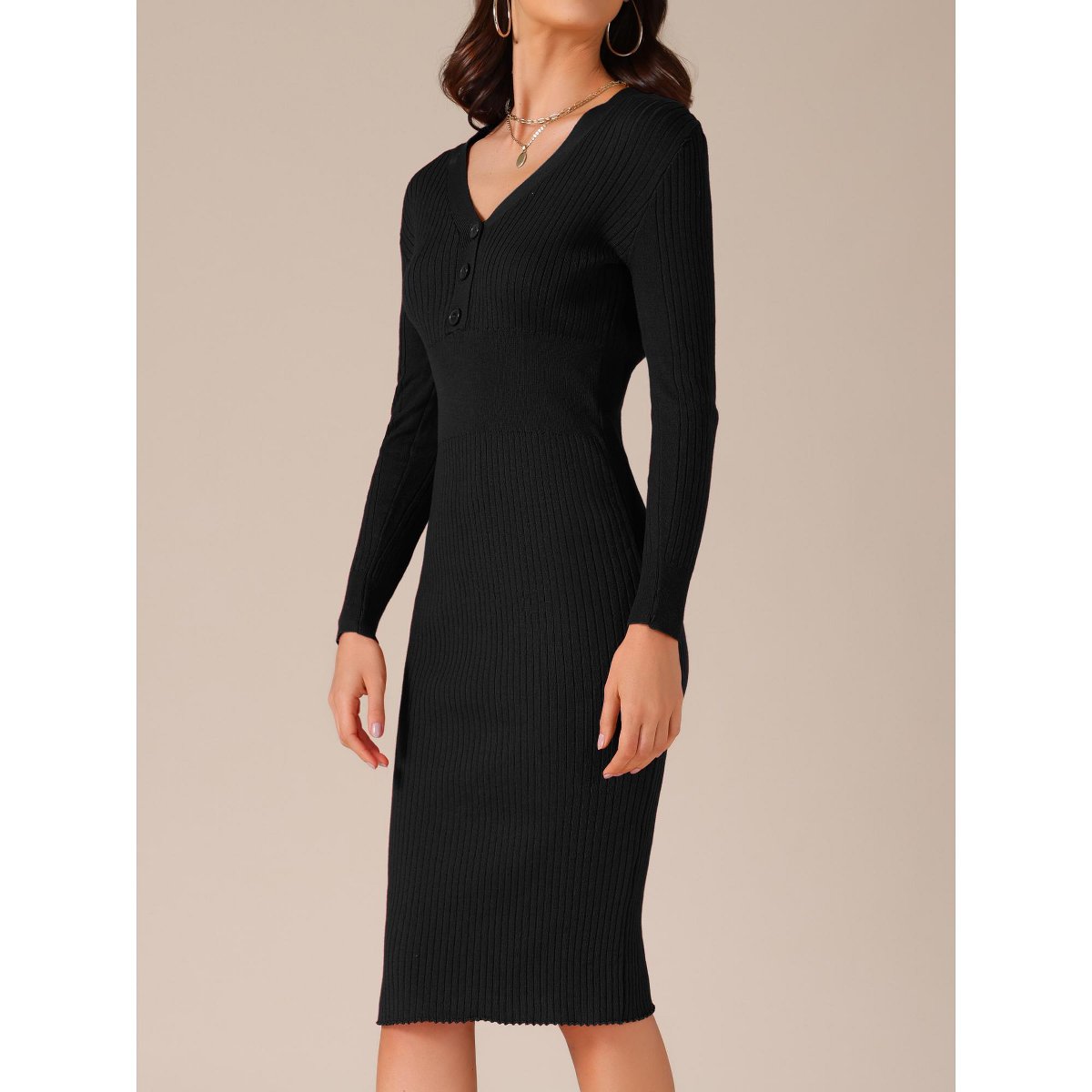 Женские платья INSPIRE CHIC Women's Knitted V Neck Solid Color Long Sleeve Button Fitted Sweater Dresses X-Small Black — фото 2