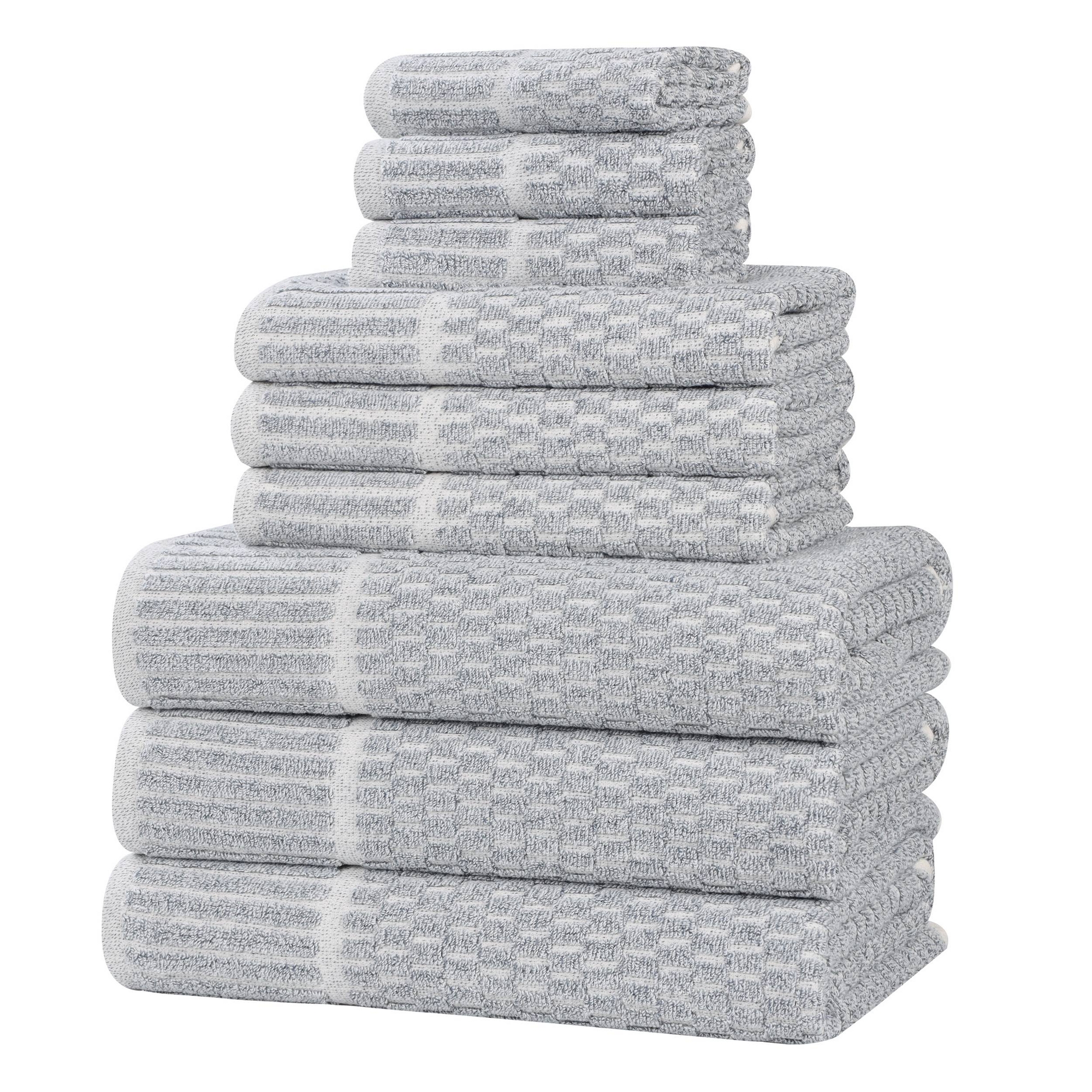 Viscose Cotton Blend Medium Weight Soft Textured Checkered Ribbed Border 9 Piece Towel Set, Denim Blue - Blue Nile Mills