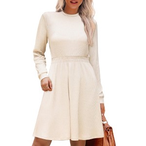 INSPIRE CHIC Women's Long Sleeve Casual Crew Neck Ribbed Knit Textured Sweater Dress - 1 of 4