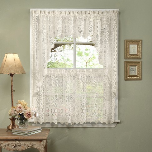 No. 918 White Mariela Floral Trim Semi-Sheer Rod Pocket Kitchen Curtain Valance and Tiers Set