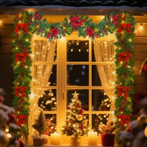6 FT Christmas Garland with 20 Led Lights, Artificial Christmas Garland with Pine Cones, Red Berries & Bows, for Indoor Outdoor - 1 of 4