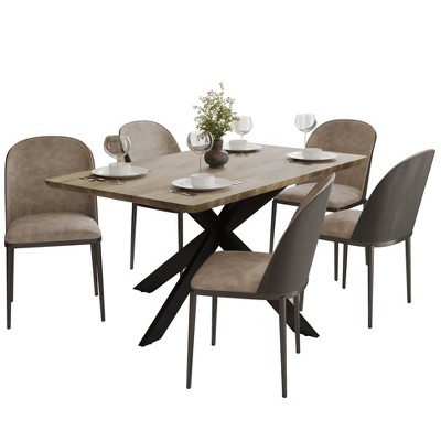 LeisureMod Ravenna 6-Piece Dining Set - 63" Rectangular MDF Wood Dining Table, 5 Leather Dining Chairs