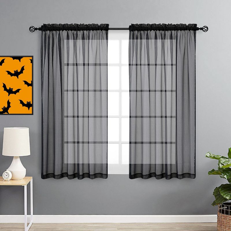 Goodgram 2 Piece Spooky Halloween Decor Ghoul Black Colored Rod Pocket Sheer Voile Window Curtains - 63 In. Long, 1 of 4