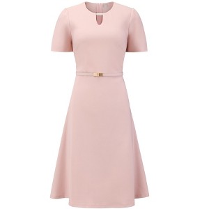 INSPIRE CHIC Women's Elegant A-Line Choker V Neck Belted Wear to Work Fit and Flare Dress - 1 of 4