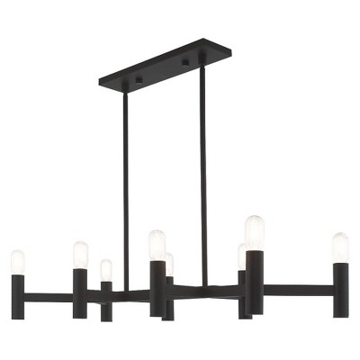 Black Steel 8-Light Linear Chandelier with Exposed Bulbs