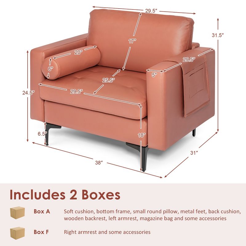 Costway Modern Accent Armchair Single Sofa with Bolster & Side Storage Pocket Coral Pink/Grey, 4 of 11