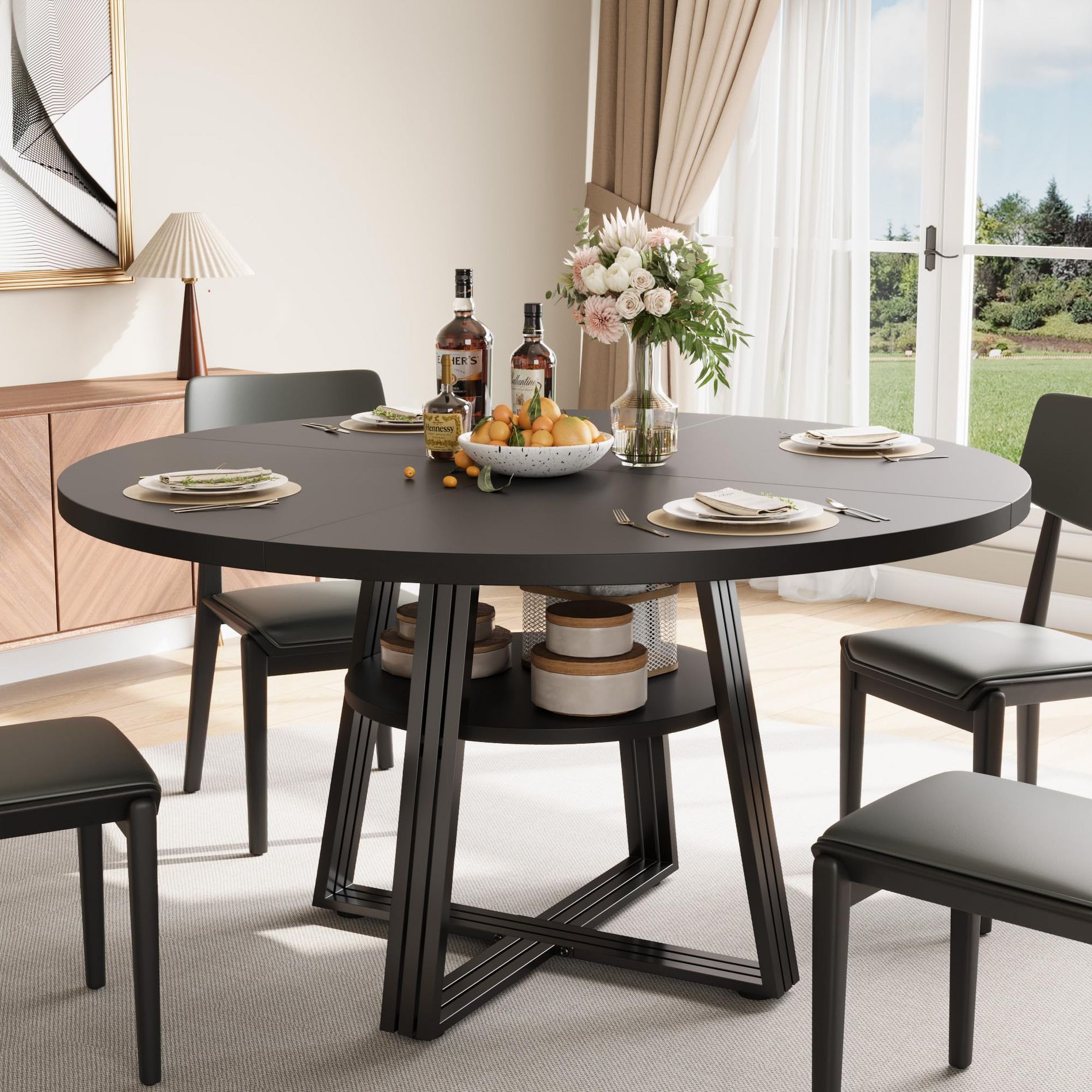 Round Dining Table for 4-6, 47" Kitchen Table with Storage Shelf, Wooden Dinner Table with Metal Base for Home Living Room, No Chairs