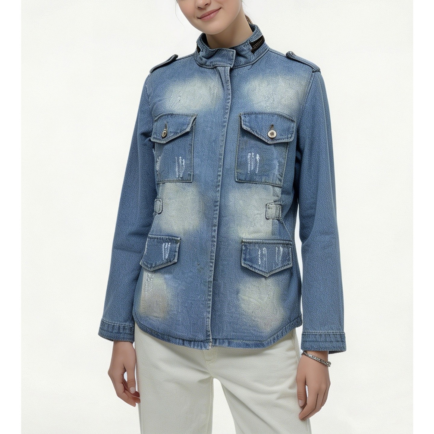 Женская куртка EadianDree Women Denim Jacket Stand Collar Epaulet Button Front Multiple Flap Pockets Outerwear, цвет: Джинсовый — фото 3