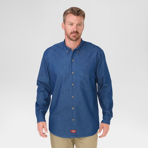 Dickies Men's Relaxed Fit Denim Long Sleeve Button-Down Shirt- Stone ...