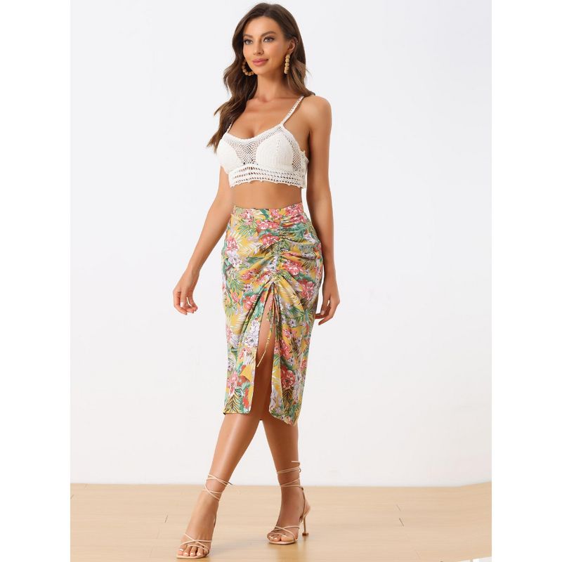 Allegra K Women's Summer Beach Ruched Front Tropical Skirt with Slit, 3 of 5