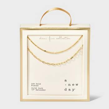 14K Gold Plated Flat Beaded and Link Chain Duo Necklace - A New Day™ Gold