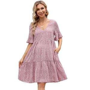 LXT- Maternity Dress Womens Casual Babydoll Dress Ruffle Short Sleeve V Neck Floral Printed Flowy Mini Short Tunic Dress - 1 of 4