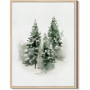 Vintage Three Green Pine Trees Framed Canvas Print Wall Art 12x16 Winter Snowy Forest Holiday Nordic Painting Rustic - 1 of 4
