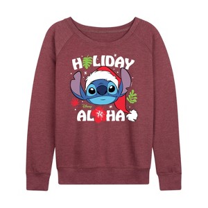 Women's - Lilo and Stitch - Holiday Aloha Lightweight French Terry Wide Neck Long Sleeve Shirt - 1 of 4