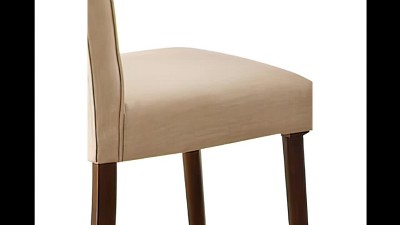 Set of 2 Beige Linen Upholstered Parsons Side Chairs with Walnut Wood Legs