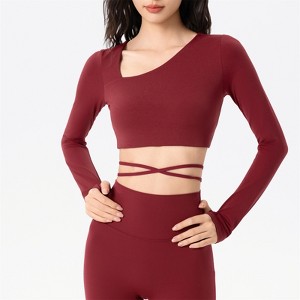 Clotth Women's Diagonal Neck Yoga Top - Long Sleeve Cap Thin String Tie Sport Top, Slimming Tight Fit Workout Top for Fitness - 1 of 4