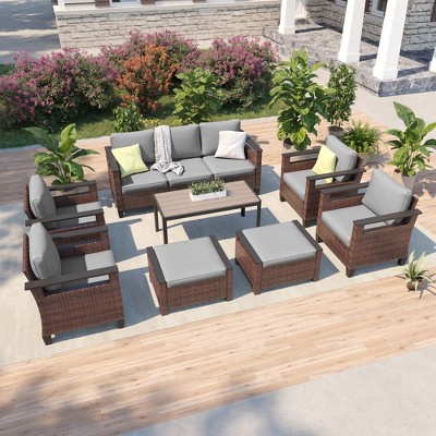 Sonkuki 8 Pieces Patio Sofa & Ottomans & Chair & Coffee Table Set, Conversation Couch with Cushion