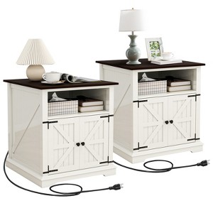MUUEGM 24" Nightstand with Charging Station, Farmhouse End Table with 2 Drawers & Adjustable Shelf, Solid Wood Legs Bedside Table - 1 of 4