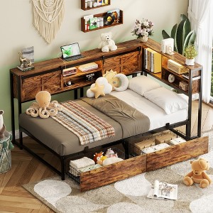 Besiost Bookcase Daybed with Wood Drawer, Corner Bed Frame with Sliding Door - 1 of 4