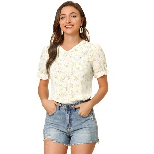 Allegra K Women's Floral Peter Pan Collar Lace Trim Ruffle Sleeve Blouses - 1 of 4