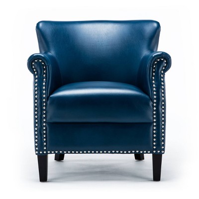 Navy Blue Leather Accent Chair with Wood Legs