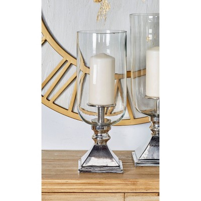 17" Silver Aluminum and Glass Hurricane Candle Holder