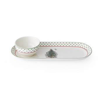 Spode Christmas Tree 2-Piece Polka Dot Chip and Dip Serving Set, Oval Chips and Dip Serving Dish for Party