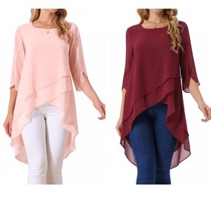 INSPIRE CHIC Women's High Low Hem Scoop Neck Asymmetrical 3/4 Sleeve Summer Top 2 Packs - 1 of 4