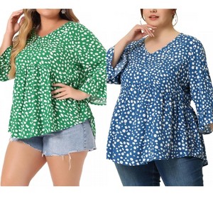 Women's Plus Size 2 Pieces Fashion V Neck 3/4 Flounce Sleeve Babydoll Blouses - Agnes Orinda - 1 of 4